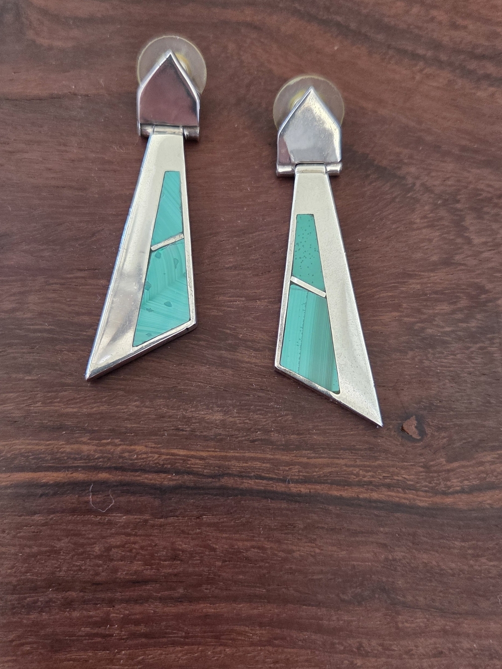 Vintage Mexican Sterling Silver Malachite Drop Earrings, TJ-59